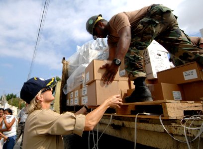US Navy 070815-N-0194K-125 Cmdr. Anna Stalcup, an optometrist, and Steel Worker 3rd Class Joel Washington, both attached to the Military Sealift Command hospital ship USNS Comfort (T-AH 20), unload medical equipment photo