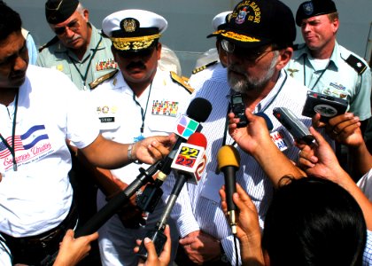 US Navy 070814-N-4021H-066 The U.S. Ambassador to Nicaragua, Paul Trivelli, and personnel from the Nicaraguan armed forces answer questions from local and national media after a tour of USS Pearl Harbor (LSD 52) during Partners