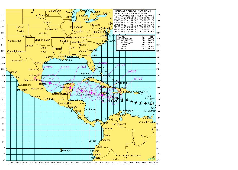 US Navy 070819-N-0000X-002 A graphic diagram shows Hurricane Dean as it moves over Jamaica and heads toward the Yucatan Peninsula. The category 4 storm's winds are now sustained at 145 mph with higher gusts