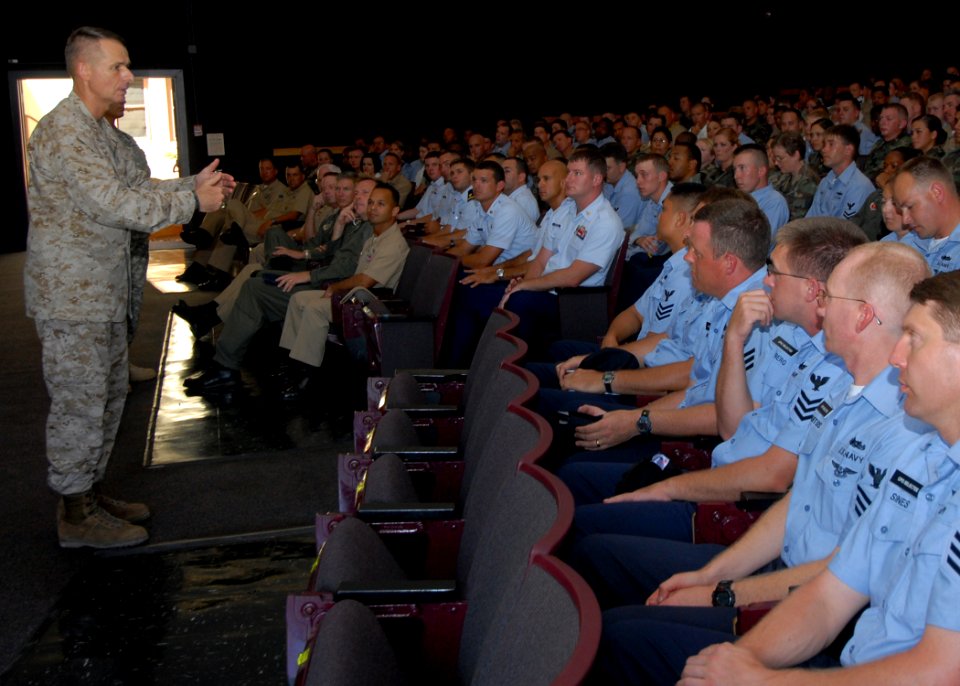 US Navy 070817-N-9758L-052 Chairman of the Joint Chiefs of Staff Marine Corps Gen. Peter Pace speaks to military personnel during an all hands call at Sharkey Theatre on Naval Station Pearl Harbor