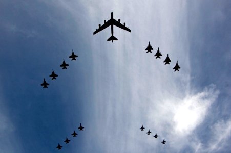 US Navy 070814-N-7883G-035 Aircraft from the Navy, Marine Corps and Air Force including a B-52 bomber conducts a fly by of the John C. Stennis, Kitty Hawk and Nimitz Carrier Strike Groups during a photo exercise (PHOTOEX)