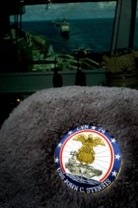US Navy 070814-N-3038W-222 Overlooking the captain's chair on the bridge aboard Nimitz-class aircraft carrier USS John C. Stennis (CVN 74), USS Antietam (CG 54), USS Preble (DDG 88) and USS O'Kane (DDG 77) transit in formation