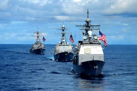 US Navy 070814-N-8157C-122 USS Antietam (CG 54) (right), USS Preble (DDG 88) (center) and USS O'Kane (DDG 77), transit in formation during a joint photo exercise (PHOTOEX) concluding Valiant Shield 2007