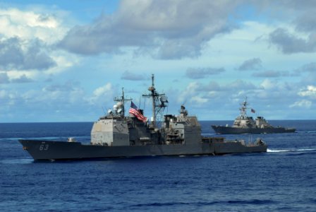 US Navy 070814-N-3541A-172 USS Cowpens (CG 63) and USS John Paul Jones (DDG 53) transit in formation during a joint photo exercise (PHOTOEX) concluding Valiant Shield 2007