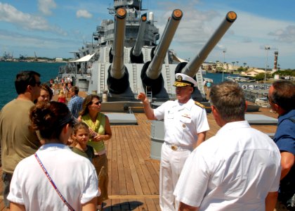 US Navy 070816-N-5476H-029 Commander, U.S. Pacific Fleet Adm. Robert Willard greets visitors of the Battleship Missouri Memorial following a ceremony held aboard for newly promoted Rear Adm. Michael Giorgione, the Pacific Fleet
