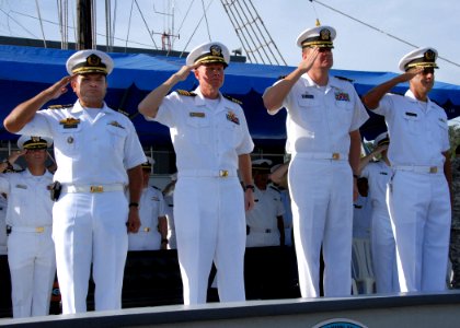 US Navy 070817-N-9486C-316 Capt. Douglas Wied, commander of Task Group 40.9, and Cmdr. Charles Rock, commanding officer of High Speed Vessel (HSV) 2 Swift, along with the leadership of Naval Base Del Caribe, render honors durin photo