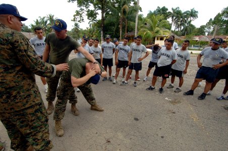 US Navy 070815-N-0989H-126 U.S. Marines assigned to a Mobile Training Team (MTT) demonstrate the proper procedures for searching and detaining an individual to Guatemalan sailors during U.S. Marine Corps Small Unit Tactical tra photo