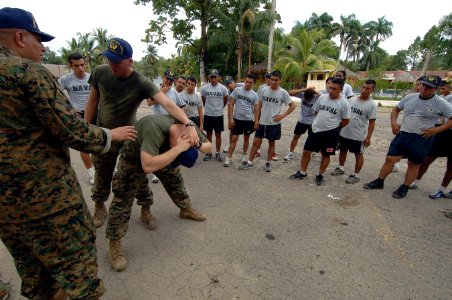 US Navy 070815-N-0989H-126 U.S. Marines assigned to a Mobile Training Team (MTT) demonstrate the proper procedures for searching and detaining an individual to Guatemalan sailors during U.S. Marine Corps Small Unit Tactical tra