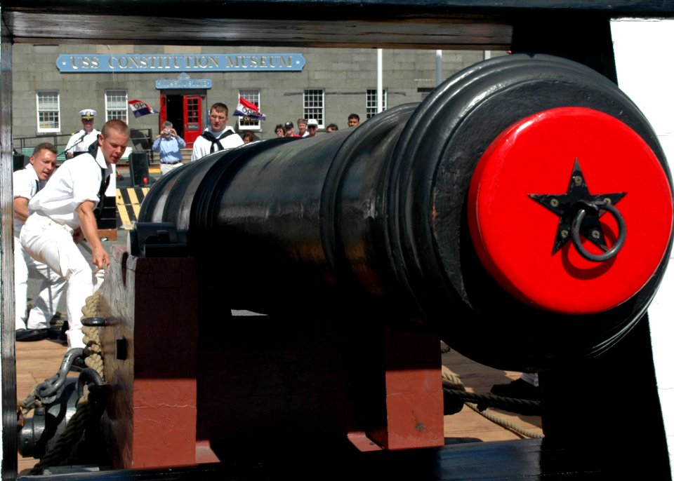 US Navy 070818-N-2893B-001 USS Constitution crewmembers perform gun drills on a 5,600-lb. long gun replica, demonstrating the firing sequence employed by Sailors aboard the ship 200 years ago