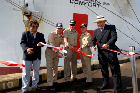 US Navy 070815-N-8704K-106 conducting a ceremonial ribbon cutting to commemorate Comfort's arrival in Ecuador