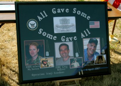 US Navy 070815-N-9860Y-002 A poster to remember members of Explosive Ordnance Disposal Mobile Unit (EODMU) 11 is displayed at a ceremony to rename drop zones in their honor