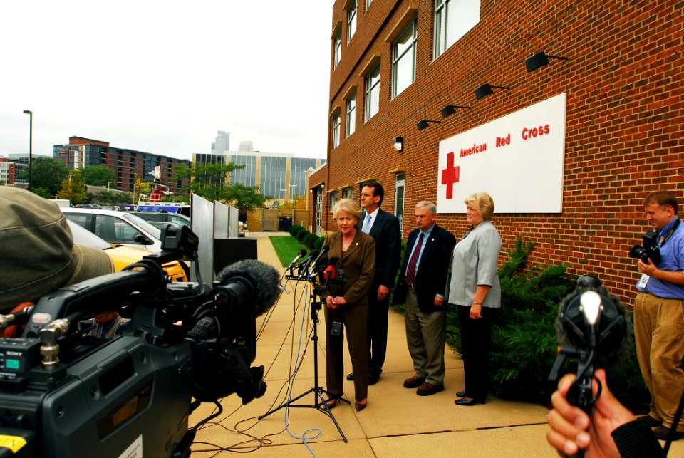 US Navy 070821-N-4515N-305 U.S. Transportation Secretary Mary E. Peters conducts a media availability outside the American Red Cross near scene of the I-35 bridge collapse over the Mississippi River