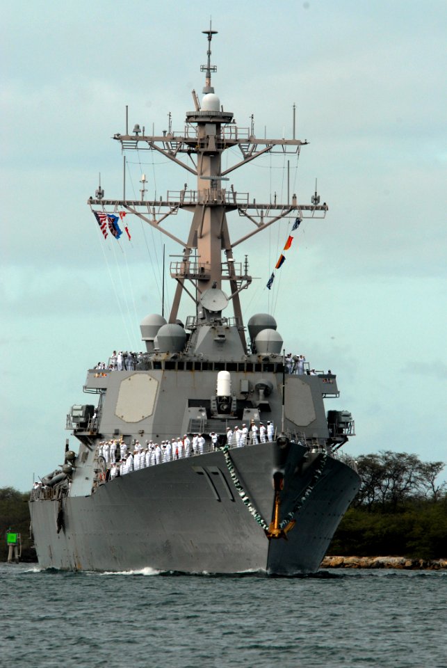 US Navy 070820-N-4965F-006 Arleigh Burke-class guided-missile destroyer USS O'Kane (DDG 77) transits the Pearl Harbor channel as she makes her way pierside to Naval Station Pearl Harbor