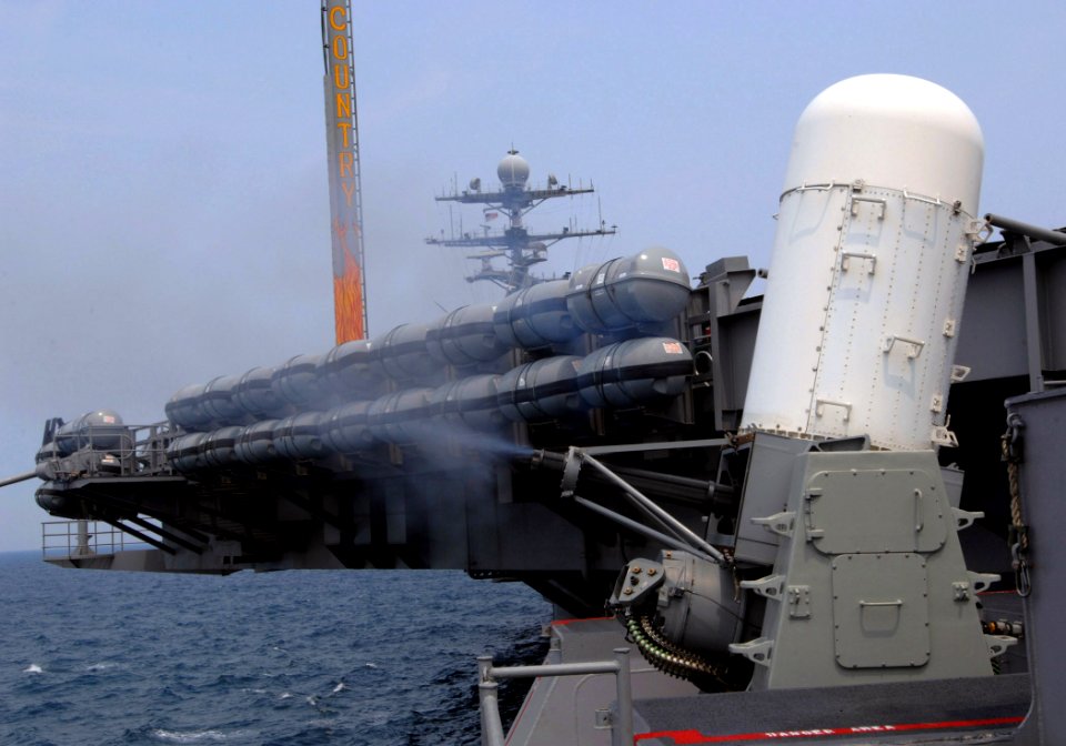 US Navy 070820-N-0455L-002 Nimitz-class aircraft carrier USS Harry S. Truman (CVN 75) conducts a routine test fire of the Phalanx Close-In Weapon System (CIWS)