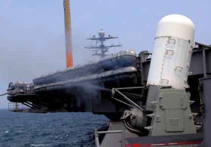 US Navy 070820-N-0455L-002 Nimitz-class aircraft carrier USS Harry S. Truman (CVN 75) conducts a routine test fire of the Phalanx Close-In Weapon System (CIWS)