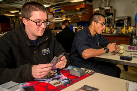 USS Carl Vinson Sailors participate in Magic, The Gathering tournament 150218-N-TP834-046