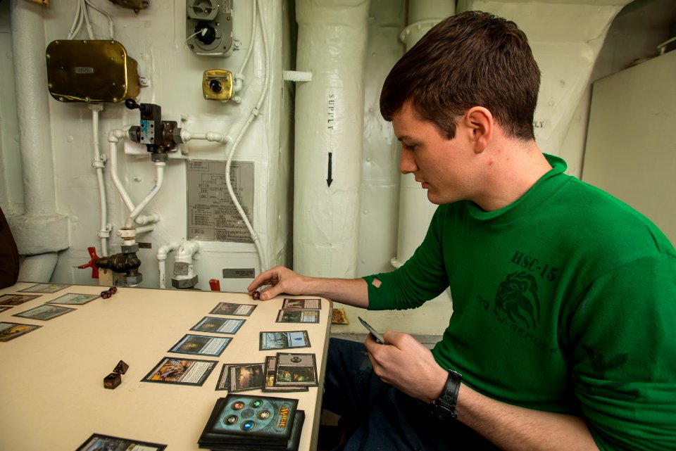 USS Carl Vinson Sailors participate in Magic, The Gathering tournament 150218-N-TP834-033