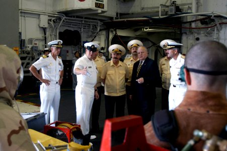 US Navy 070822-N-8154G-039 Chief Hull Maintenance Technician Neil Pierce shows fire fighting equipment to Russian Fleet Adm. Vladimir Vasilyevich Masorin, Commander in Chief of the Russian Federation Navy