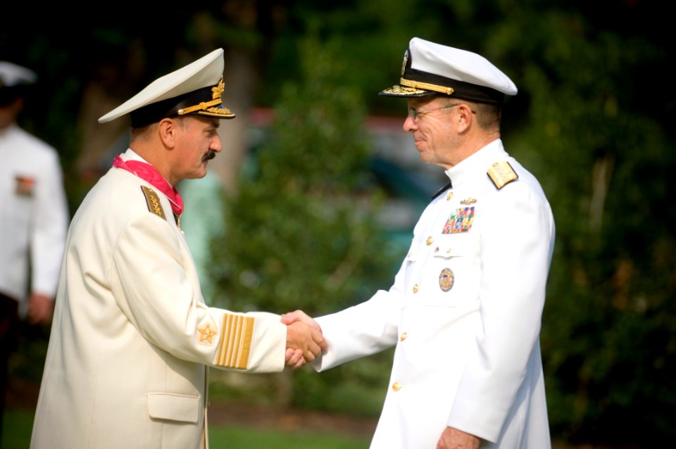 US Navy 070824-N-0696M-133 Chief of Naval Operations Adm. Mike Mullen congratulates Adm. Vladimir Masorin, commander in chief of the Russian Navy, after presenting him with the Legion of Merit during a full honors ceremony at W