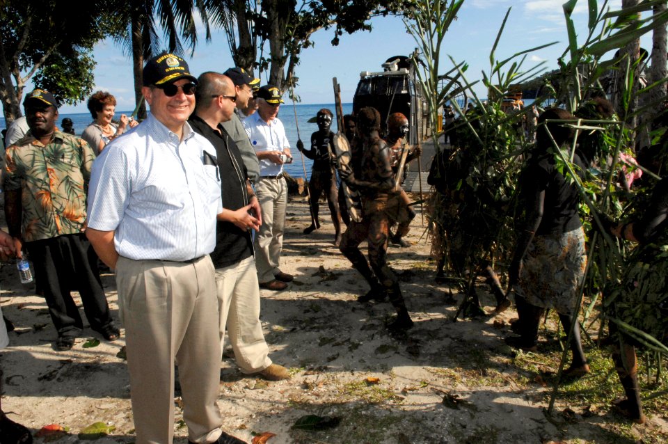 US Navy 070822-N-3642E-171 Locals welcome Secretary of the Navy (SECNAV), the Honorable Dr. Donald C. Winter with tribal dance during his tour of Sassamungga