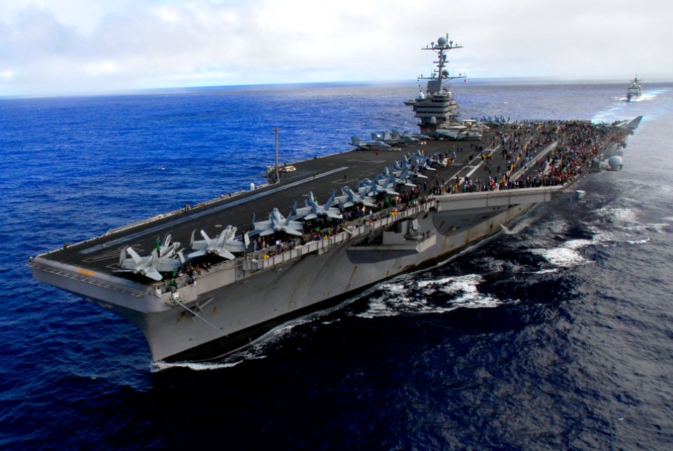 US Navy 070824-N-2659P-191 Nimitz-class aircraft carrier USS John C. Stennis (CVN 74) leads guided-missile cruiser USS Antietam (CG 54) prior to conducting an air power demonstration