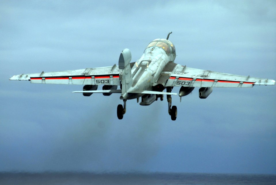 US Navy 070826-N-2659P-141 An EA-6B Prowler launches from the flight deck of the Nimitz-class aircraft carrier USS John C. Stennis (CVN 74) for the final time this deployment as the embarked Carrier Air Wing (CVW) 9 departs the