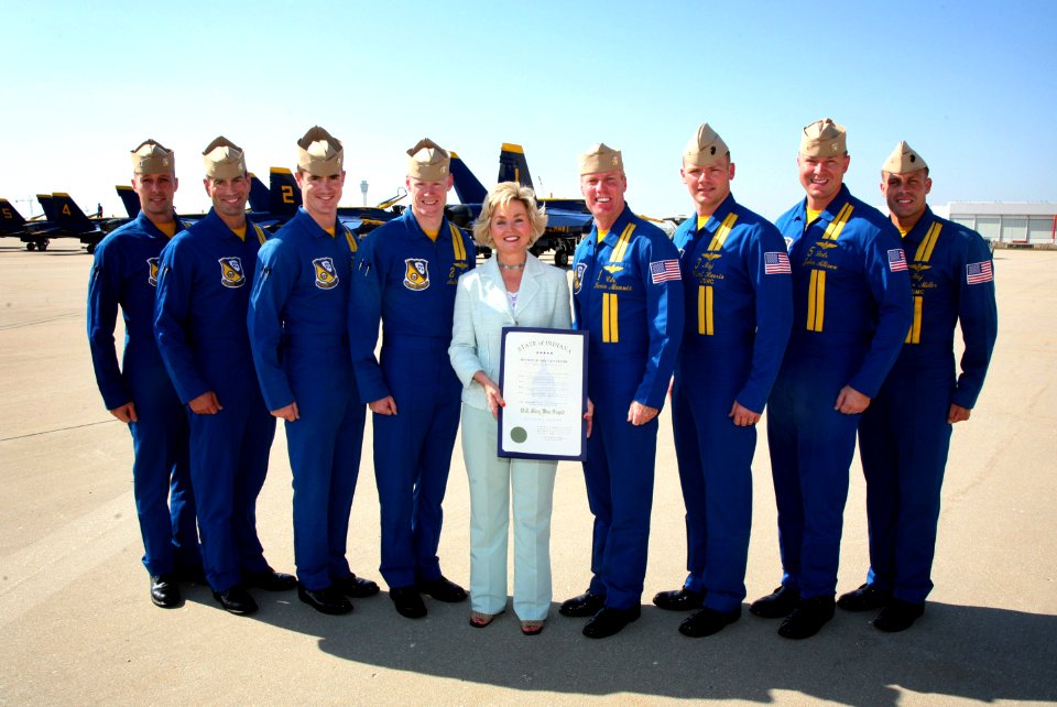 US Navy 070823-N-3271W-002 The Honorable Becky Skillman, Lt. Governor of Indiana presents a certificate declaring the Blue Angels as Honorary Hoosiers