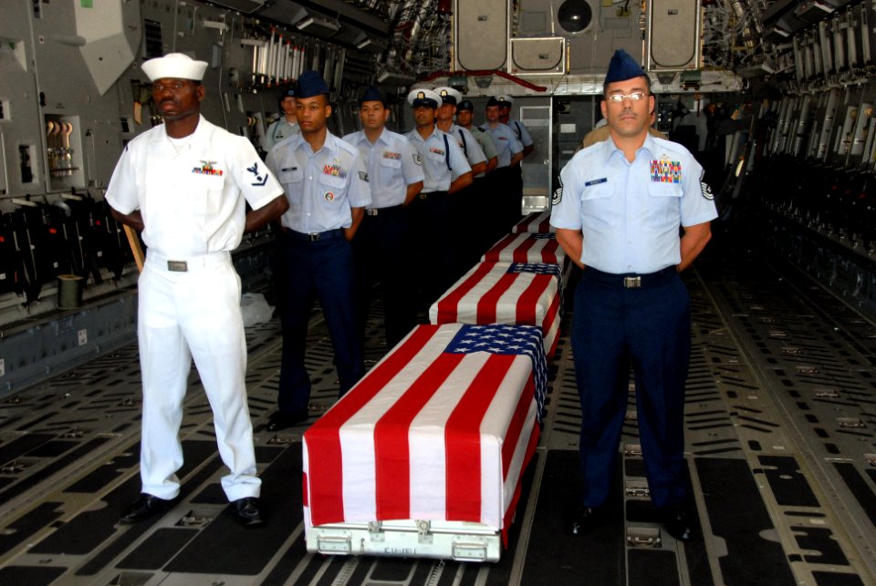 US Navy 070824-F-0171B-001 Honor guard members from the Joint POW-MIA Accounting Command prepare to conduct a homecoming ceremony