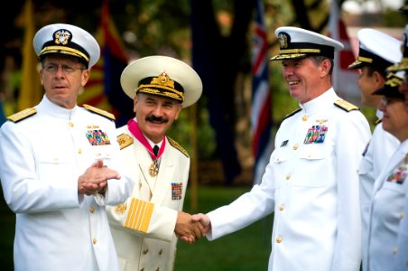 US Navy 070824-N-0696M-153 Chief of Naval Operations Adm. Mike Mullen introduces Adm. Vladimir Masorin, commander in chief of the Russian Navy, to Vice Adm. Mark Fitzgerald, Director of Navy Staff, after a full honors ceremony photo