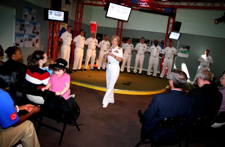 US Navy 070828-N-3271W-003 Vice Adm. Ann E. Rondeau, deputy commander, United States Transportation Command addresses visitors at the St. Louis Science Center, where Lieutenant Governor Peter Kinder ceremoniously declared Augu