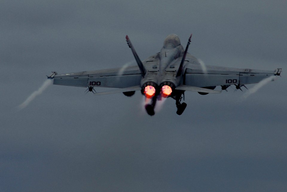 US Navy 070826-N-2659P-199 An F-A-18F Super Hornet, assigned to the Black Knights of Strike Fighter Squadron (VFA) 154, launches from the flight deck of Nimitz-class aircraft carrier USS John C. Stennis (CVN 74)