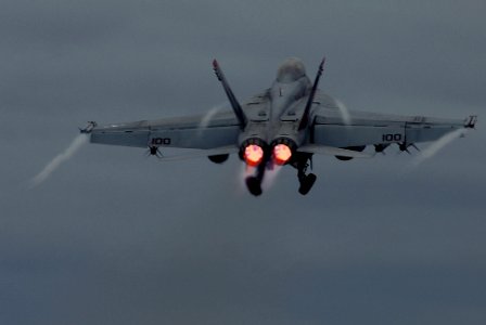 US Navy 070826-N-2659P-199 An F-A-18F Super Hornet, assigned to the Black Knights of Strike Fighter Squadron (VFA) 154, launches from the flight deck of Nimitz-class aircraft carrier USS John C. Stennis (CVN 74)