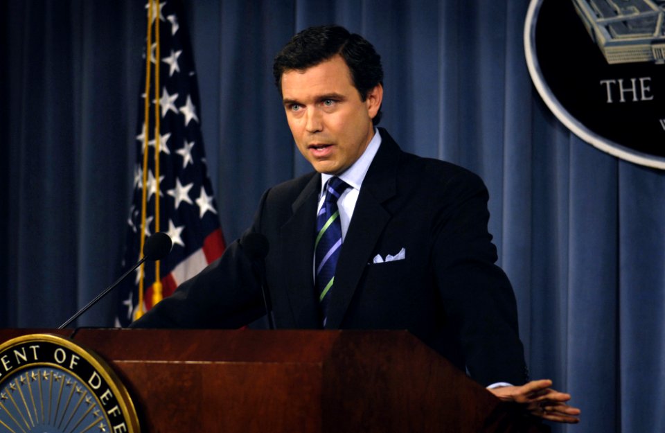 US Navy 070829-D-7203T-001 Pentagon Press Secretary Geoff Morrell speaks with reporters during a Pentagon press briefing