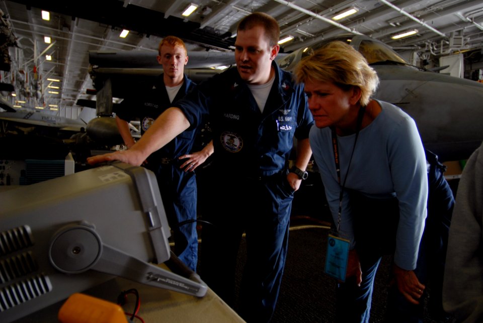 US Navy 070825-N-3541A-084 Aviation Electronics Technician 1st Class Christon Harding demonstrates troubleshooting equipment used by the aviation intermediate maintenance department aboard Nimitz-class aircraft carrier USS John