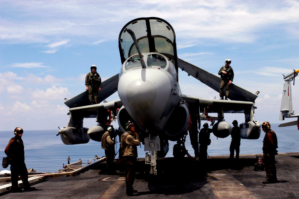 US Navy 070825-N-3349L-058 Aircrew and maintenance personnel prepare an EA-6B Prowler, assigned to the Black Ravens of Electronic Attack Squadron (VAQ) 135, prior to launching from the flight deck of the nuclear-powered aircraf