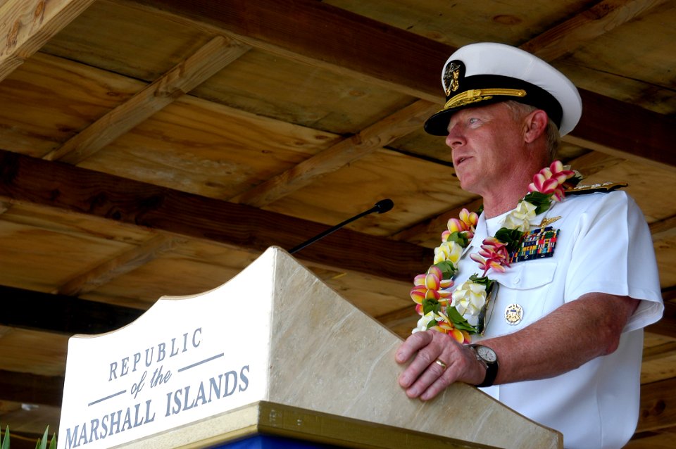 US Navy 070829-N-6410J-148 Adm. Robert F. Willard, commander of U.S. Pacific Fleet, addresses guests at the Pacific Partnership welcoming ceremony in the Republic of the Marshall Islands