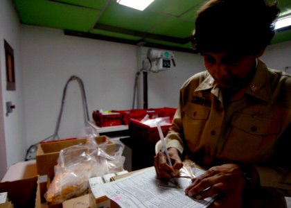 US Navy 070826-N-6278K-076 Cmdr. Nita Sood, a U.S. Public Health Service pharmacist attached to the Military Sealift Command hospital ship USNS Comfort (T-AH 20), fills out a prescription photo