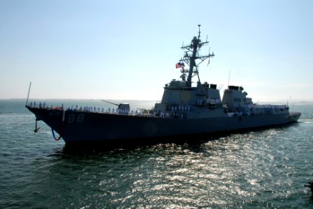 US Navy 070829-N-9909C-003 Guided-missile destroyer USS Preble (DDG 88) rounds the pier at Naval Base San Diego after returning from a 7.5-month deployment as part of John C. Stennis Carrier Strike Group