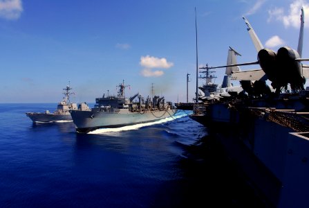 US Navy 070825-N-9760Z-037 Military Sealift Command fast-combat support ship USNS Rainier (T-AOE 7) and guided-missile destroyer USS Pinckney (DDG 91) conduct an underway replenishment with nuclear-powered aircraft carrier USS