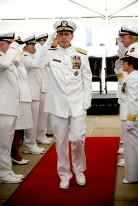 US Navy 070827-N-0696M-073 Chief of Naval Operations (CNO) Adm. Mike Mullen is piped ashore at the conclusion of the change of office ceremony for Vice Adm. Donald C. Arthur, Surgeon General and chief of the Bureau of Medicine