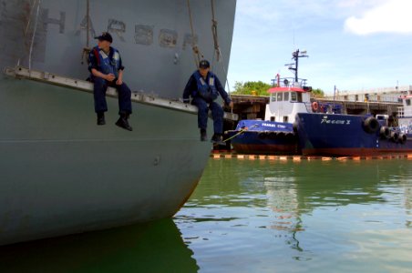 US Navy 070828-N-1810F-097 Seaman Jonathan Dirst and Seaman Mark Kang take a break from painting while over the side of the dock landing ship USS Pearl Harbor (LSD 52) photo