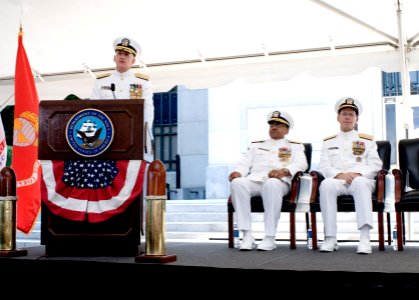 US Navy 070827-N-0696M-037 Vice Adm. Donald C. Arthur, Surgeon General and chief of the Bureau of Medicine and Surgery, speaks during his change of office and retirement ceremony