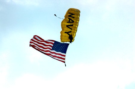 US Navy 070830-N-1805P-002 U.S. Navy Parachute Demonstration Team, the Leap Frogs, jump into Hamilton High School as part of Cincinnati Navy Week photo