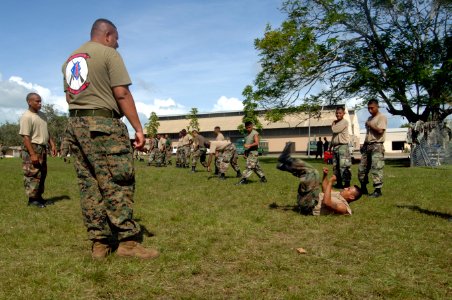 US Navy 070828-N-0989H-186 Members of the Belize Defense Force are instructed on controlled falling techniques by U.S. Marines assigned to a Mobile Training Team during small unit tactics training at the Price Barracks