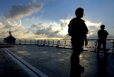 US Navy 070902-N-1810F-297 A visit, board, search and seizure (VBSS) team attached to guided-missile frigate USS Samuel B. Roberts (FFG 58) embarks aboard Colombian frigate ARC Antioquia (FM 53) as part of VBSS training during