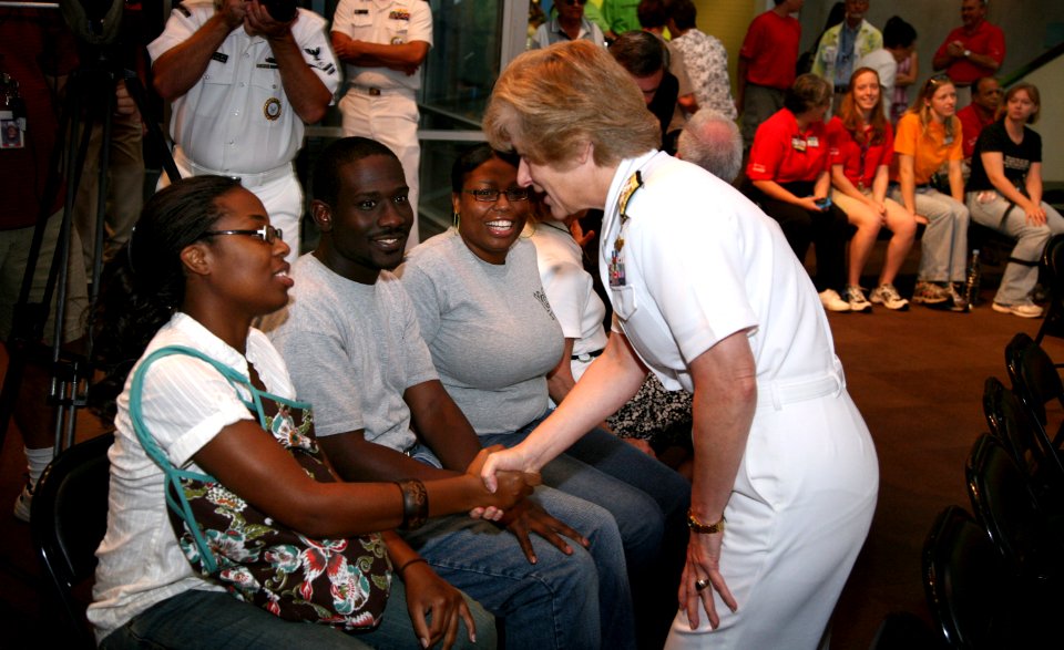 US Navy 070828-N-3271W-002 Vice Adm. Ann E. Rondeau, deputy commander, United States Transportation Command welcomes visitors prior to a ceremony at the St. Louis Science Center