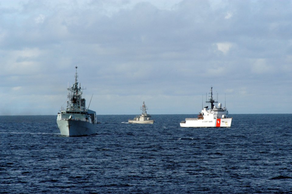 US Navy 070831-N-7029R-037 From left, Canadian ship HMCS Regina (FFH 334), Peruvian ship BAP Sanchez Carrion (CM 26) and U.S. Coast Guard Cutter USCGC Thetis (WMEC 910) steam in formation for a photo exercise during PANAMAX 200