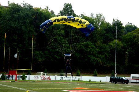 US Navy 070830-N-1805P-004 U.S. Navy Parachute Demonstration Team, the Leap Frogs, jump into Hamilton High School as part of Cincinnati Navy Week