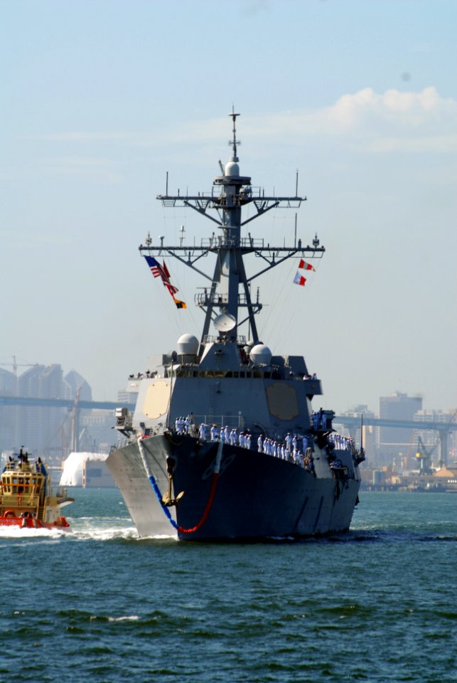 US Navy 070829-N-9909C-002 Sailors man the rails of guided-missile destroyer USS Preble (DDG 88) as they return from a 7.5-month deployment as part of John C. Stennis Carrier Strike Group