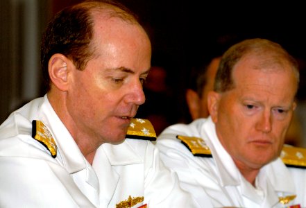 US Navy 070904-F-1779B-022 Vice Adm. Kevin Cosgriff, commander of U.S. Naval Forces Central Command, and Rear Adm. James Hart, commander of Combined Joint Task Force-Horn of Africa, during briefings at the East Africa South Wes photo